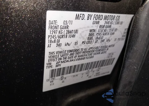 2011 Ford Edge Limited из США, поврежденный, VIN 2FMDK3KC0BBB10385